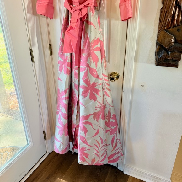 Teri Jon by Rickie Freeman Floral Taffeta Shirt Dress Gown Salmon Pink 4 - Picture 11 of 14